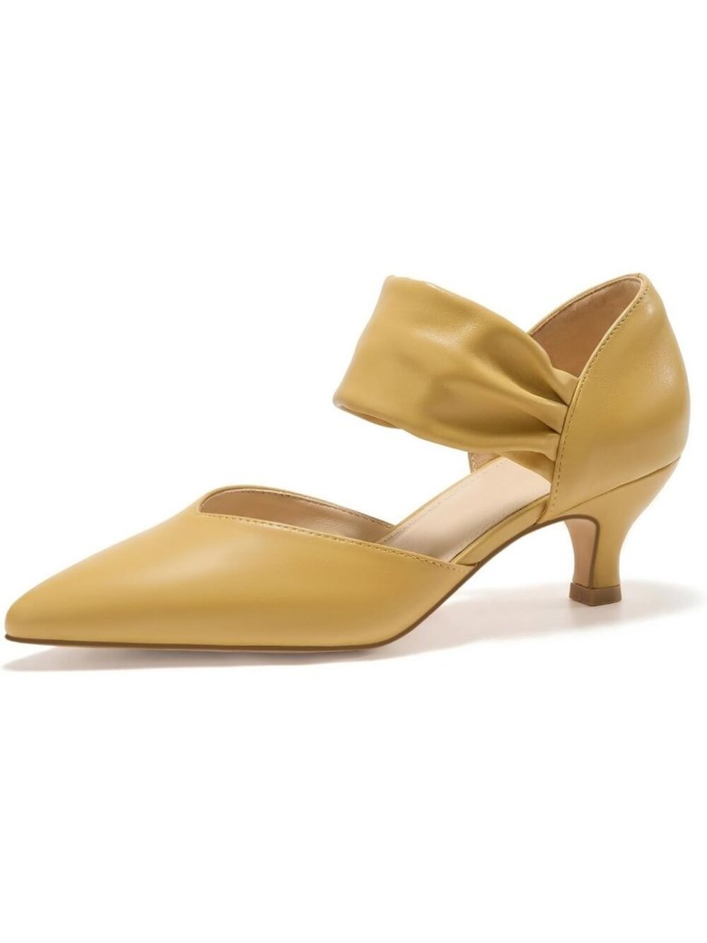 Women's Yellow Faux Leather Slip on Pointed Toe Ankle Strap Low Kitten Heels